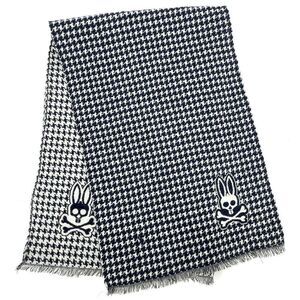 Psycho Bunny Scarf Navy Houndstooth Check Wool Italy Made 70" Preppy Fringe